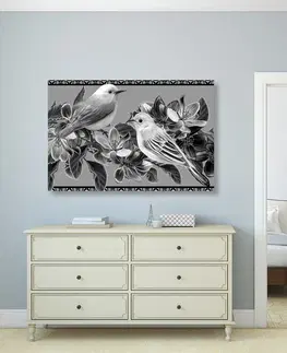 Černobílé obrazy Obraz černobílé ptáčky a květiny ve vintage provedení