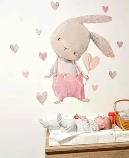 Samolepky na zeď Samolepky na zeď pro holčičky - Růžový zajíc se srdíčkem