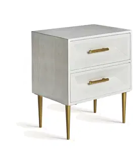 Designové a luxusní noční stolky Estila Luxusní noční stolek Encantada s geometricky vyřezávanými šuplíky s bílým vintage nátěrem a zlatými detaily 55 cm