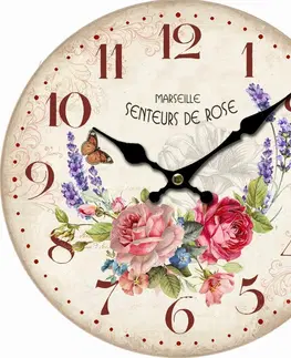 Hodiny Dřevěné nástěnné hodiny Marseille flowers, pr. 34 cm