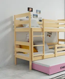 Postele BMS Dětská patrová postel s přistýlkou Eryk 3 | borovice Barva: Borovice / růžová, Rozměr: 200 x 90 cm