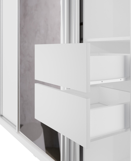 Šatní skříně Šatní skříň NEJBY BARNABA 180 cm s posuvnými dveřmi, zrcadlem, 4 šuplíky a 2 šatními tyčemi, bílá