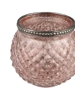 Svícny Růžový skleněný svícen na čajovou svíčku se zdobným okrajem - Ø10*9 cm Clayre & Eef 6GL3978