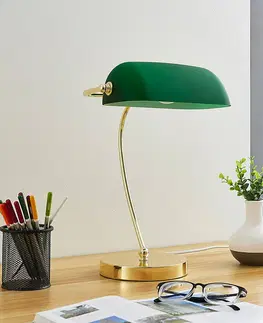 Stolní lampy kancelářské Lindby Mosazná stolní lampa Selea, stínidlo zelené sklo