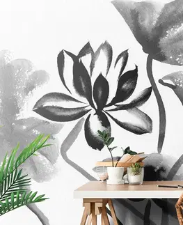 Černobílé tapety Tapeta akvarelový černobílý lotosový květ
