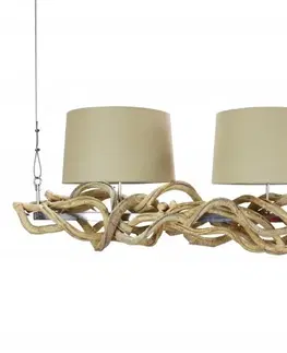 Luxusní designové závěsné lampy Estila Venkovská závěsná lampa Hestia s dřevěnou konstrukcí přírodní hnědé barvy a se třemi lněnými stínítky 165cm