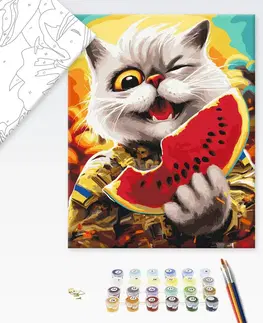 Zvířata Malování podle čísel odvážná kočka s melounem