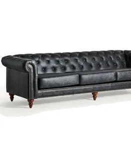 Luxusní a designové sedačky Estila Luxusní černá chesterfield trojsedačka Darcy s potahem z pravé kůže a hlubokým dekorativním prošíváním 265 cm