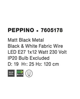 Industriální závěsná svítidla NOVA LUCE závěsné svítidlo PEPPINO matný černý kov černá a bílý kabel E27 1x12W 7605178