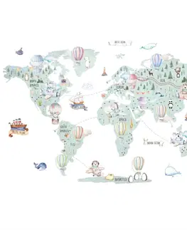 Samolepky na zeď Nálepka na zeď mapa světa - Balóny a dopravní prostředky