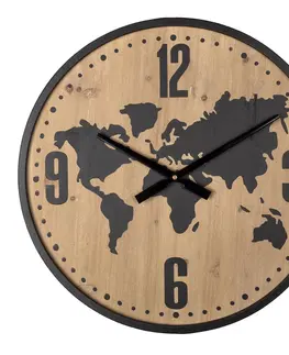 Hodiny Hnědo černé nástěnné hodiny s mapou světa - Ø 50*4 cm / 1*AA Clayre & Eef 6KL0713