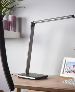 Stolní lampy kancelářské Lindby Metalická šedá LED stolní lampa Kuno, stmívač USB