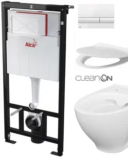 WC sedátka ALCADRAIN Sádromodul předstěnový instalační systém s bílým tlačítkem M1710 + WC CERSANIT CLEANON MODUO + SEDÁTKO AM101/1120 M1710 MO1