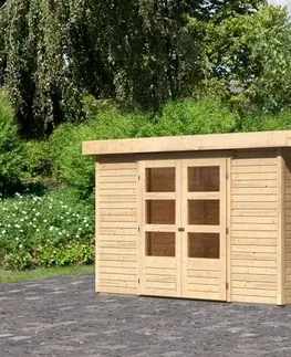 Dřevěné plastové domky Dřevěný zahradní domek ASKOLA 5 s přístavkem 240 Lanitplast Přírodní dřevo