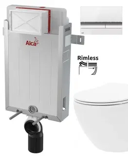 WC sedátka ALCADRAIN Renovmodul předstěnový instalační systém s bílým/ chrom tlačítkem M1720-1 + WC REA Carlo Flat Mini Rimless + SEDÁTKO AM115/1000 M1720-1 CF1