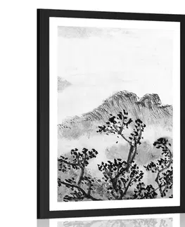 Černobílé Plakát s paspartou tradiční čínská malba země v černobílém provedení