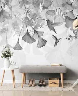 Samolepící tapety Samolepící tapeta listy s kolibříky v černobílém