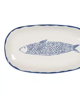 Talíře Keramický servírovací talíř s modrým dekorem ryby Atalante - 30*16*3 cm Clayre & Eef 6CE1245