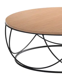Designové a luxusní konferenční stolky Estila Moderní kulatý konferenční stolek Nordica Clara se světle hnědou vrchní deskou s černou kovovou podstavou 90cm
