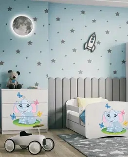 Dětské postýlky Kocot kids Dětská postel Babydreams slon s motýlky bílá, varianta 70x140, bez šuplíků, s matrací