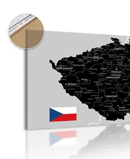 Obrazy na korku Obraz na korku černo-šedá mapa Česka s vlajkou