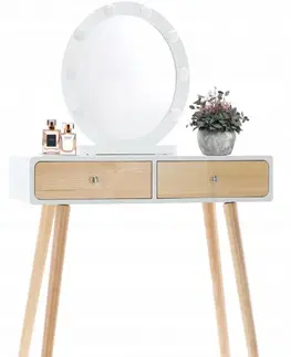 Toaletní stolky Bílý dřevěný toaletní stolek s LED zrcadlem a taburetem