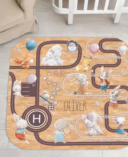 Korkové koberce Dětský koberec z korku - Akvarelová zvířátka, silnice a kolejnice