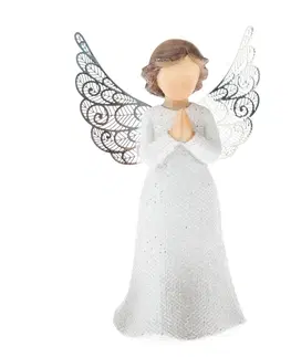 Vánoční dekorace Polyresinový anděl s kovovými křídly bílá, 12 x 7 cm