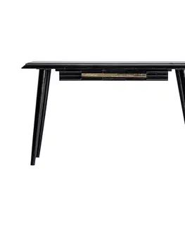 Stylové a luxusní pracovní a psací stoly Estila Jedinečný art-deco pracovní stolek Plissé Nero z černého masivu s mramorovou vrchní deskou a zlatou rukojetí na zásuvce 135cm