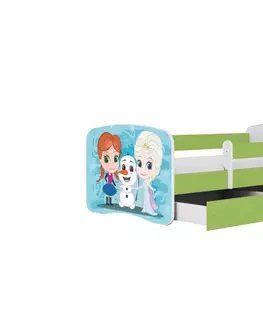Dětské postýlky Kocot kids Dětská postel Babydreams Ledové království zelená, varianta 70x140, se šuplíky, s matrací