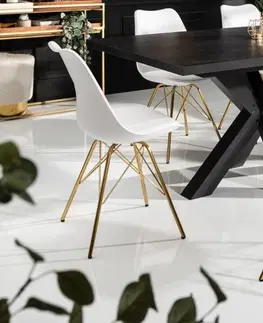 Luxusní jídelní židle Estila Art-deco bílá jídelní židle Scandinavia z eko kůže s kovovými nožičkami ve zlaté barvě 85cm