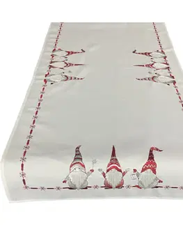 Dekorační ubrusy Bílá vánoční štóla s červenou výšivkou skřítků