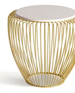 Luxusní a designové příruční stolky Estila Luxusní kulatý art deco příruční stolek Tamara s deskou z bílého mramoru a zlatou drátěnou konstrukcí 55 cm