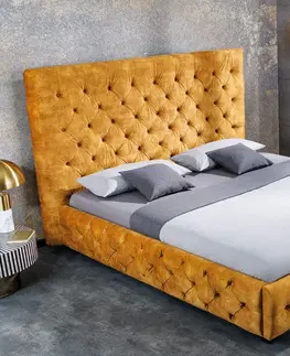 Luxusní a stylové postele Estila Moderní chesterfield manželská postel Kreon ve žlutém provedení ze sametu 180x200cm
