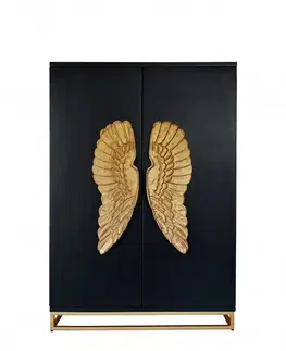 Luxusní příborníky a komody Estila Art deco mangová barová skříňka Angela v černém provedení se zlatými kovovými nožičkami a mohutnými křídly 140cm