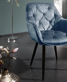 Luxusní jídelní židle Estila Retro designové tmavomodré čalouněné křeslo Milano s područkami 84cm