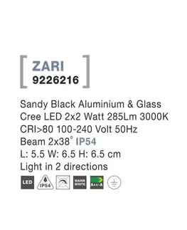 LED venkovní nástěnná svítidla NOVA LUCE venkovní nástěnné svítidlo ZARI černý hliník a sklo Cree LED 2x2W 3000K 100-240V 2x38st. IP54 světlo ve dvou směrech 9226216