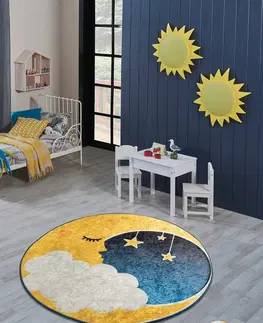 Koberce a koberečky Conceptum Hypnose Dětský kulatý koberec Moon 140 cm modrý/žlutý