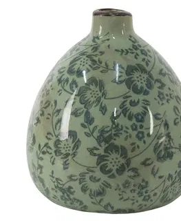 Dekorativní vázy Zelená dekorační váza s modrými květy Minty - Ø 13*14 cm Clayre & Eef 6CE1391S