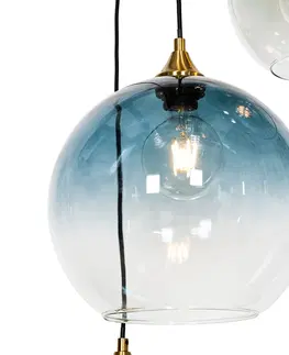 Zavesna svitidla Art Deco Závěsná lampa mosazná s modrým sklem kulatá 7-světelná - Sandra