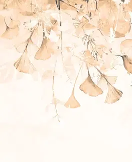 Samolepící tapety Samolepící tapeta listy s kolibříky v odstínu Peach Fuzz