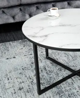 Designové a luxusní konferenční stolky Estila Moderní bílý kulatý konferenční stolek Industria Marbleux s mramorovým vzhledem s černou kovovou podstavou 80cm