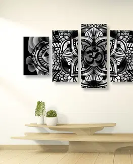 Černobílé obrazy 5-dílný obraz Mandala zdraví v černobílém provedení