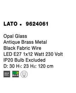 Designová závěsná svítidla NOVA LUCE závěsné svítidlo LATO opálové sklo antický mosazný kov černý kabel E27 1x12W 230V IP20 bez žárovky 9624061