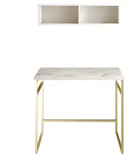 Psací stoly Kalune Design Psací stůl s policí GAMAS bílý mramor/zlatý