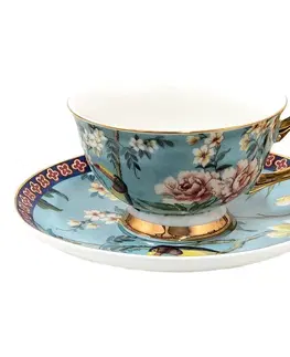 Hrnky a šálky Modrý porcelánový šálek s podšálkem s květy a Tukanem - 12*10*6 cm / Ø 15*2 cm / 200 ml Clayre & Eef 6CE1476