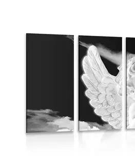 Černobílé obrazy 5-dílný obraz černobílý pečlivý andílek na nebi
