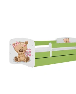 Dětské postýlky Kocot kids Dětská postel Babydreams méďa s kytičkami zelená, varianta 80x180, se šuplíky, s matrací