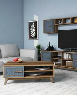 Obývací stěny a sestavy nábytku Set nábytku do obývacího pokoje AYLA ořech modrý