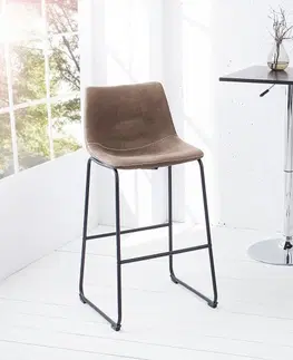 Luxusní barový nábytek Estila Industriální barová židle Laner s hnědým čalouněním na černých kovových nožičkách 100cm